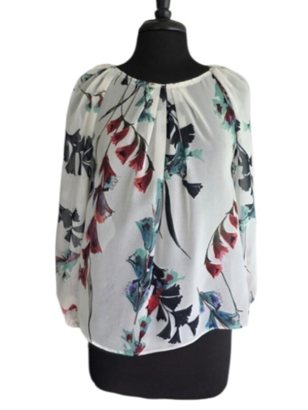 Carla Ruiz Luxury Boho Top White Floral Peasant Blouse with Teal & Red Accents